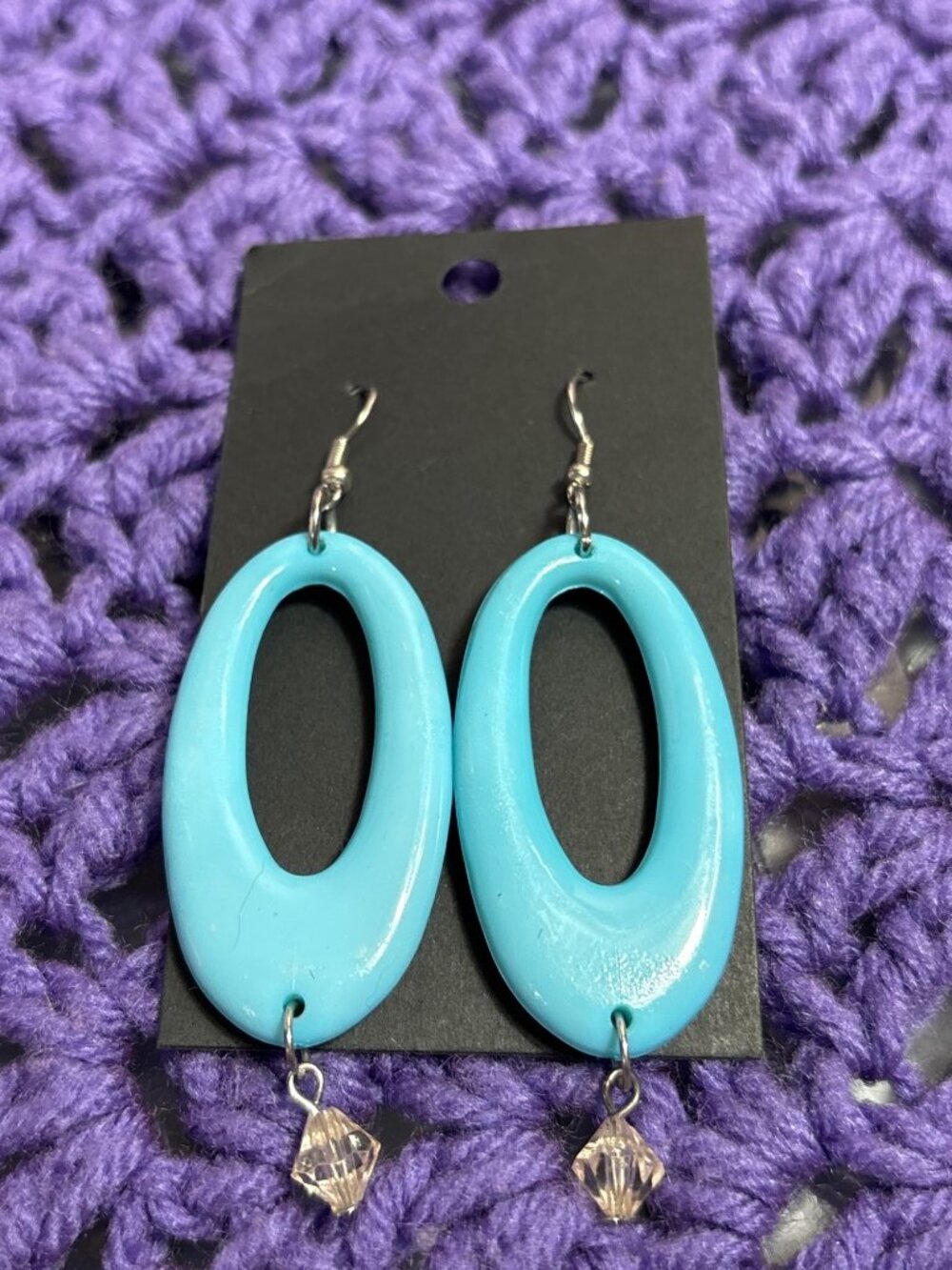 Plastic Dangle Oval Hoop Earrings Clear Beads Silvertone Hooks 2.25 inches